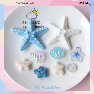 Set 9 Sticker, Charm 3D chủ đề Sao biển xanh lớn gắn Dép Sục, Cá Sấu JB-338 Mita