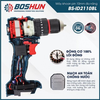 Máy Khoan Pin 3 Chức Năng BOSHUN BS-ID100BL, Lực Siết 100Nm, Đầu Kẹp 13mm Autolock, Không Chổi Than