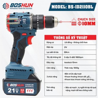 Máy Khoan Pin 3 Chức Năng BOSHUN BS-ID100BL, Lực Siết 100Nm, Đầu Kẹp 13mm Autolock, Không Chổi Than