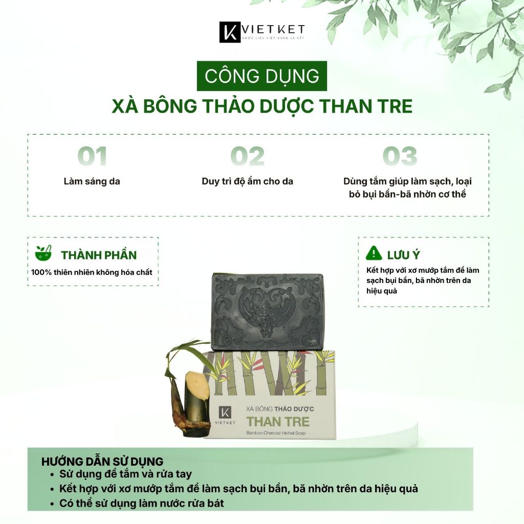 Xà Bông Tắm Dầu Dừa, Mù U, Than tre VIETKET 100g - Sạch Ghét, Giảm Mụn Lưng, Sáng Da, Duy Trì Độ Ẩm, Không Nhờn Rít