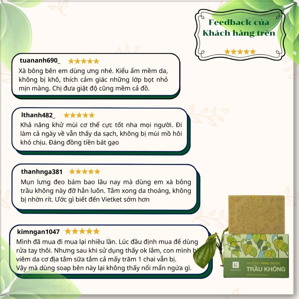 Xà Bông Tắm Thảo Dược Trầu Không VIETKET 100g Làm Sạch, Giảm Mụn Lưng, Sáng Da, Duy Trì Độ Ẩm