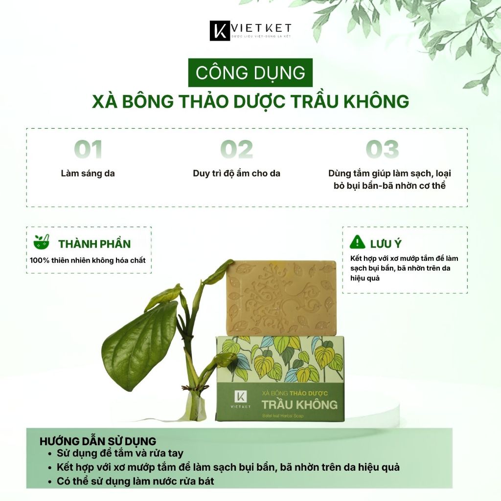 Xà Bông Tắm Thảo Dược Trầu Không VIETKET 100g Làm Sạch, Giảm Mụn Lưng, Sáng Da, Duy Trì Độ Ẩm