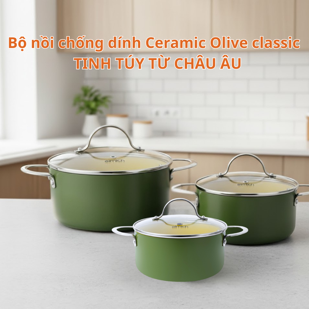 Bộ Nồi Nhôm Chống Dính Ceramic Cao Cấp Elmich Harmony Olive Classic, Đế Từ Tổ Ong, An Toàn Bền Đẹp