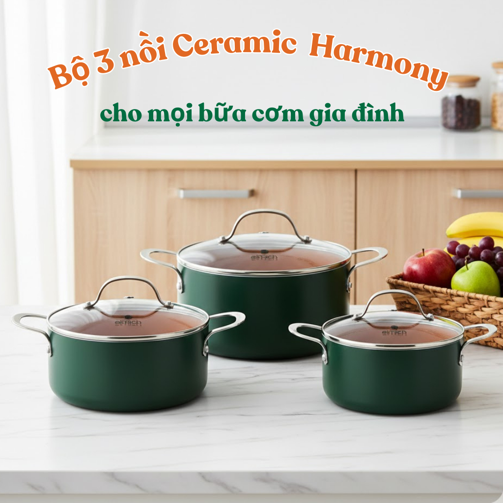 Bộ Nồi Nhôm Chống Dính Ceramic Cao Cấp Elmich Harmony Olive Classic, Đế Từ Tổ Ong, An Toàn Bền Đẹp