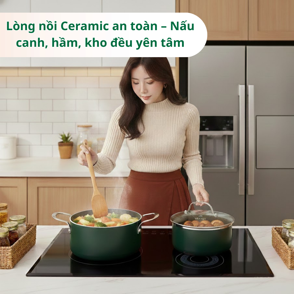 Bộ Nồi Nhôm Chống Dính Ceramic Cao Cấp Elmich Harmony Olive Classic, Đế Từ Tổ Ong, An Toàn Bền Đẹp