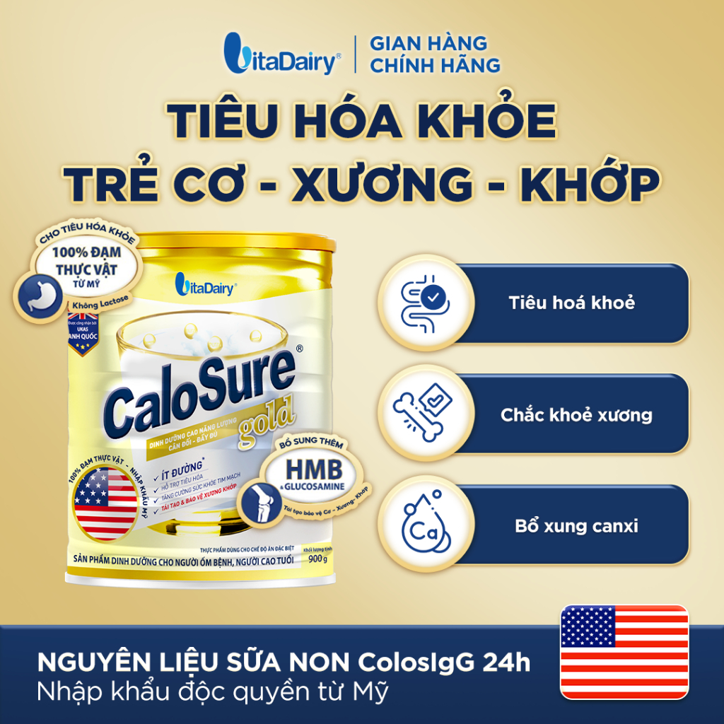 [COMBO 3 LON] Sữa bột CaloSure Gold ít đường - Bổ sung năng lượng, giúp tiêu hoá khoẻ - Lon 900g