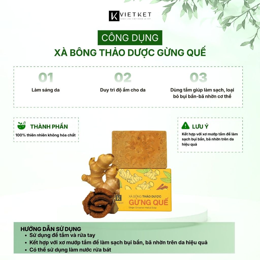 Xà Bông Tắm Dầu Dừa, Mù u, Gừng Quế VIETKET 100g - Sạch Ghét, Giảm Mụn, Sáng Da, Duy Trì Độ Ẩm, Không Nhờn Rít