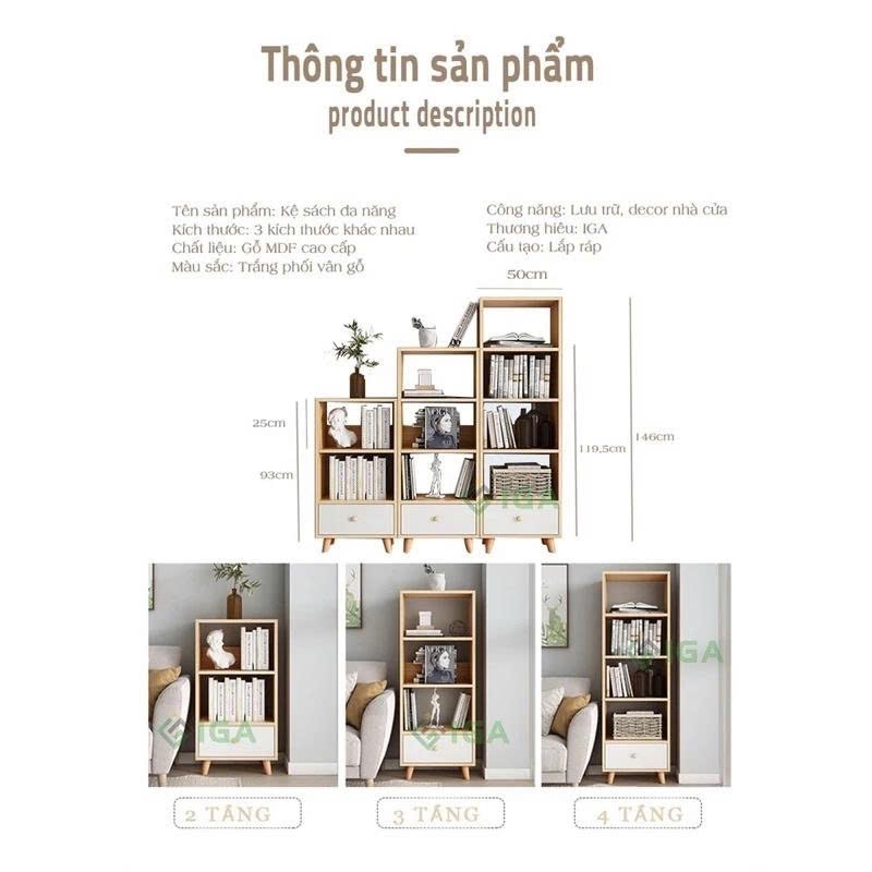 Kệ Tủ sách gỗ 3 4 5 tầng cao cấp decor bàn làm việc phong cách Nordic thương hiệu ILUMIA - GP144 | BigBuy360 - bigbuy360.vn