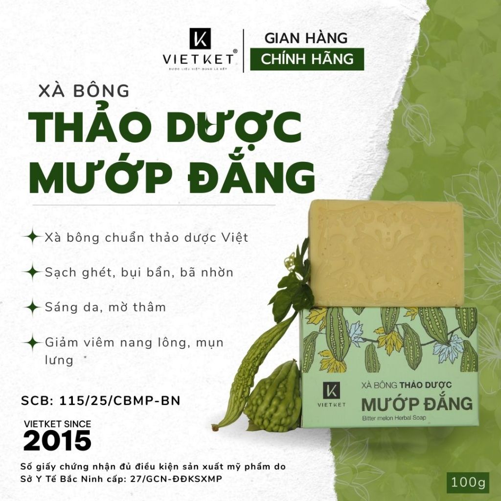 Xà Bông Tắm Dầu Dừa, Mù U, Thảo Dược VIETKET 100g - Giúp Sạch Da, Sáng Da, Giảm Mụn, Mờ Thâm, Dưỡng Ẩm, Không Nhờn Rít