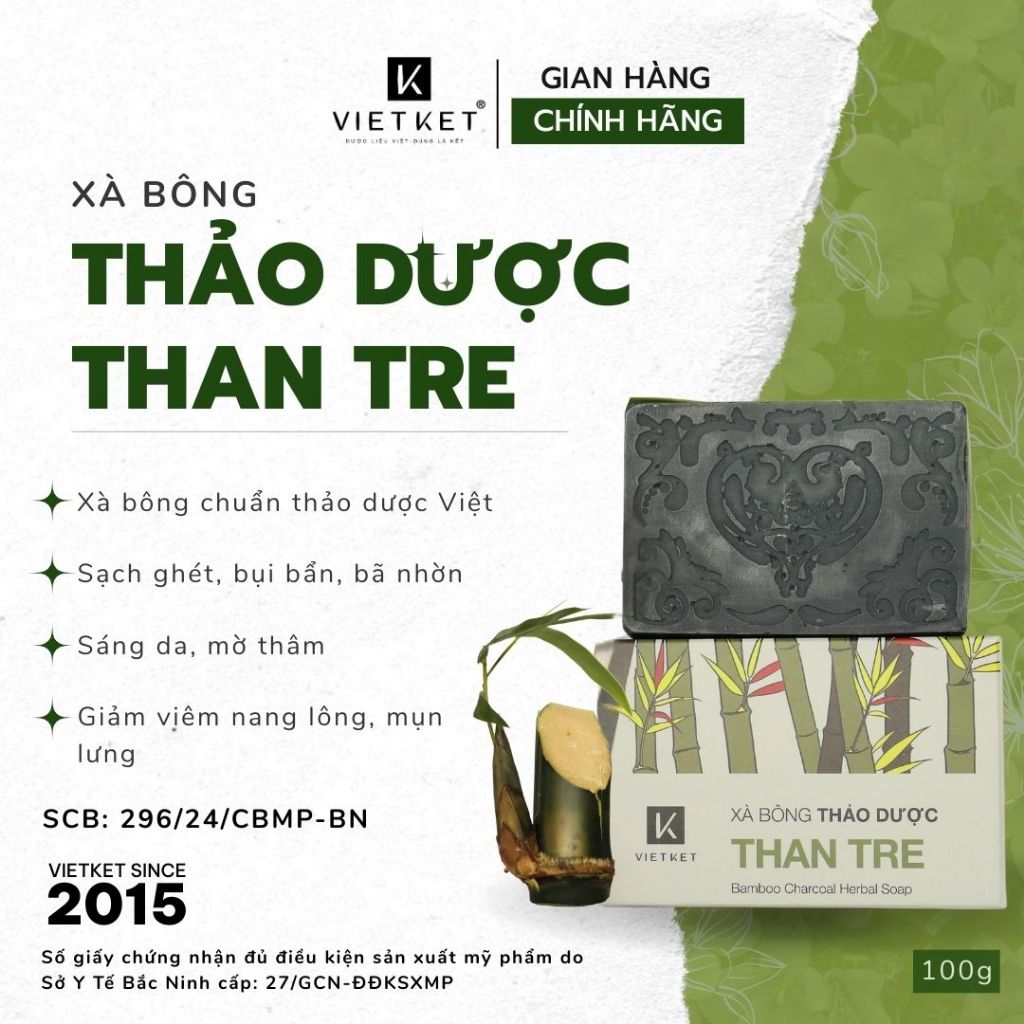 Xà Bông Tắm Dầu Dừa, Mù U, Thảo Dược VIETKET 100g - Giúp Sạch Da, Sáng Da, Giảm Mụn, Mờ Thâm, Dưỡng Ẩm, Không Nhờn Rít