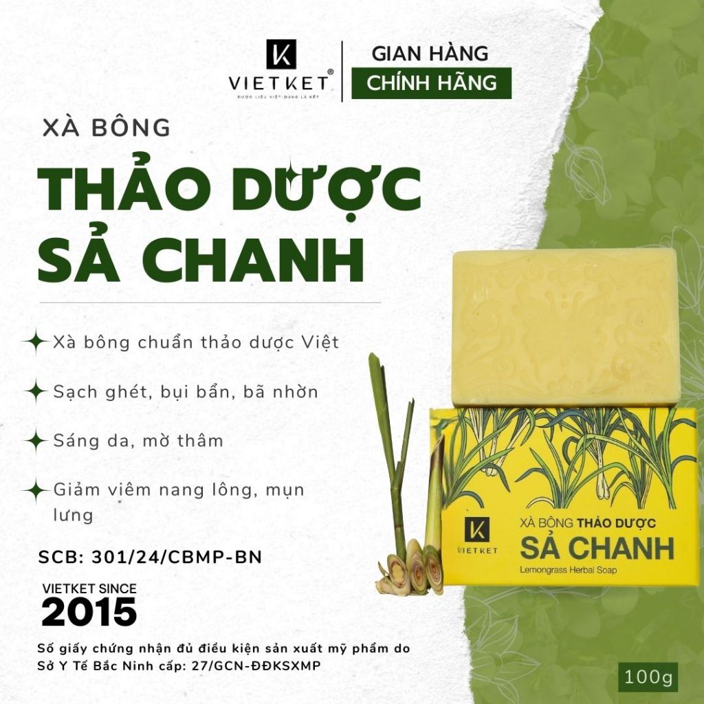 Xà Bông Tắm Dầu Dừa, Mù U, Thảo Dược VIETKET 100g - Giúp Sạch Da, Sáng Da, Giảm Mụn, Mờ Thâm, Dưỡng Ẩm, Không Nhờn Rít