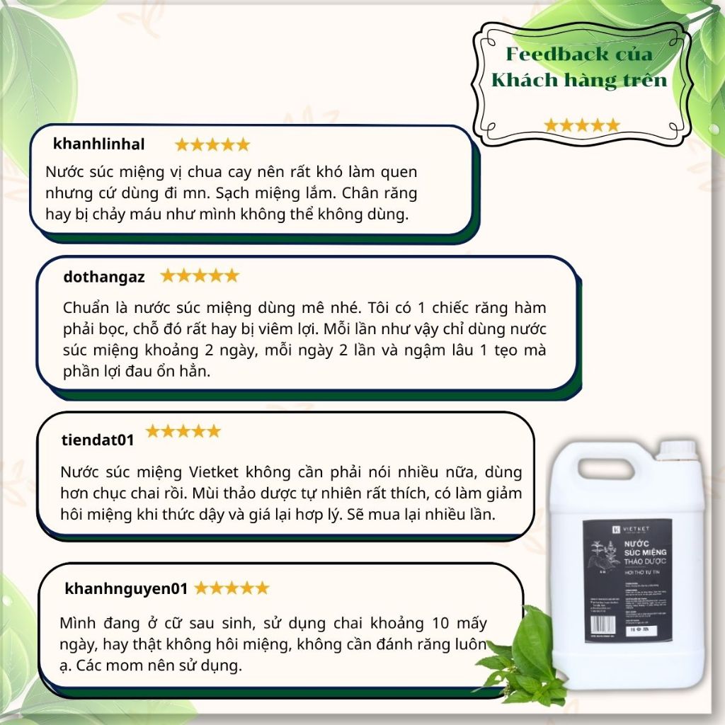 Nước Súc Miệng Thảo Dược VIETKET 5 Lít - Chăm Sóc Bảo Vệ Răng Miệng, Giảm Hôi Miệng, Giảm Nhiệt Miệng, Giúp thơm miệng