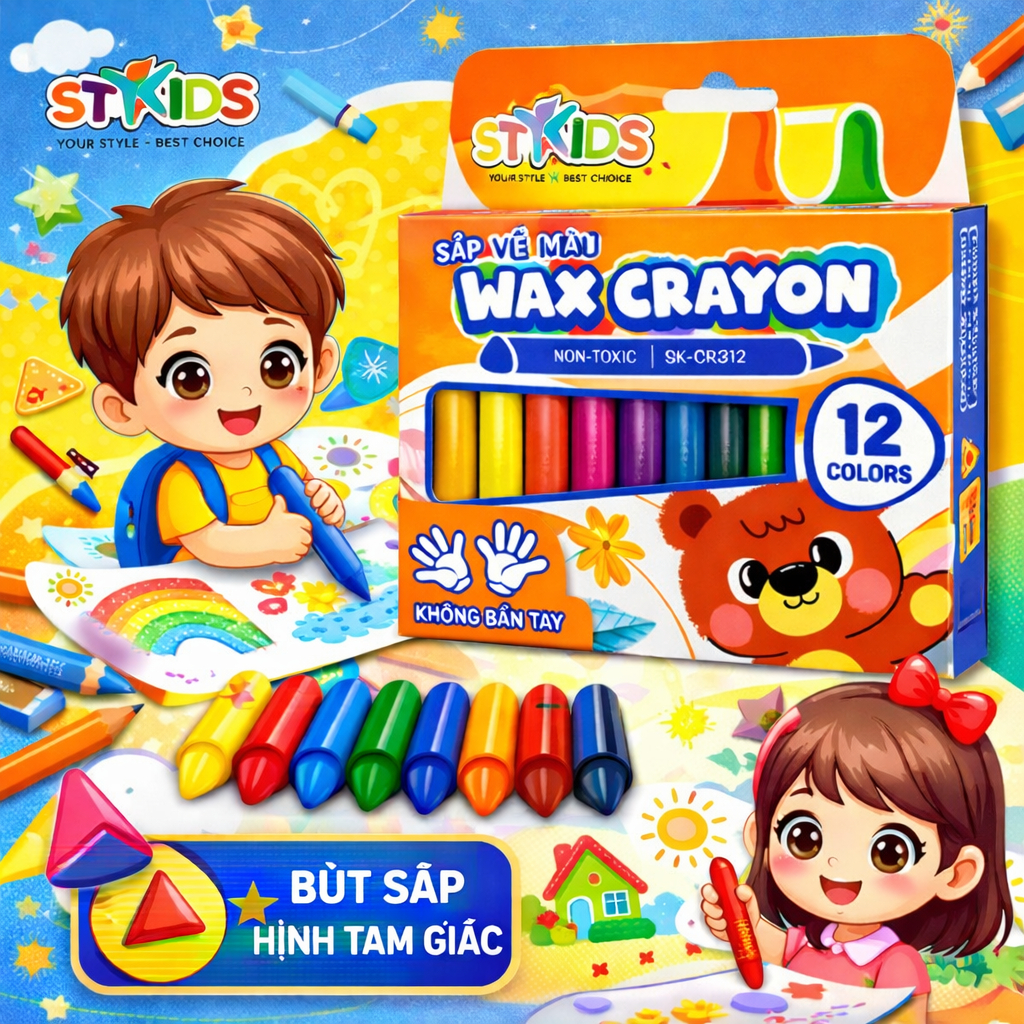 [Xả kho] Hộp phấn sáp 12 màu, không bẩn tay, không mùi dùng cho các em bé tập vẽ | Stacom SK_CR312