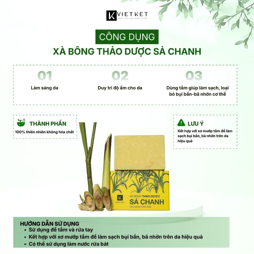 Xà Bông Tắm Dầu Dừa, Mù U, Sả Chanh VIETKET 100g - Giúp Sạch Ghét, Sáng Da, Giảm Mụn, Mờ Thâm, Dưỡng Ẩm, Không Nhờn Rít