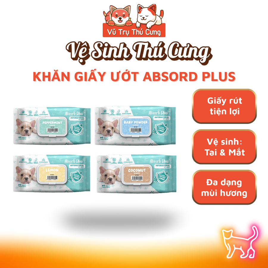 Khăn Giấy Ướt Kháng Khuẩn Vệ Sinh Cho Chó Absorb 80 Miếng