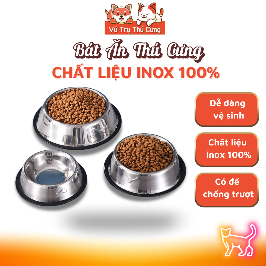 Bát ăn inox chống trượt cho Chó mèo Full size