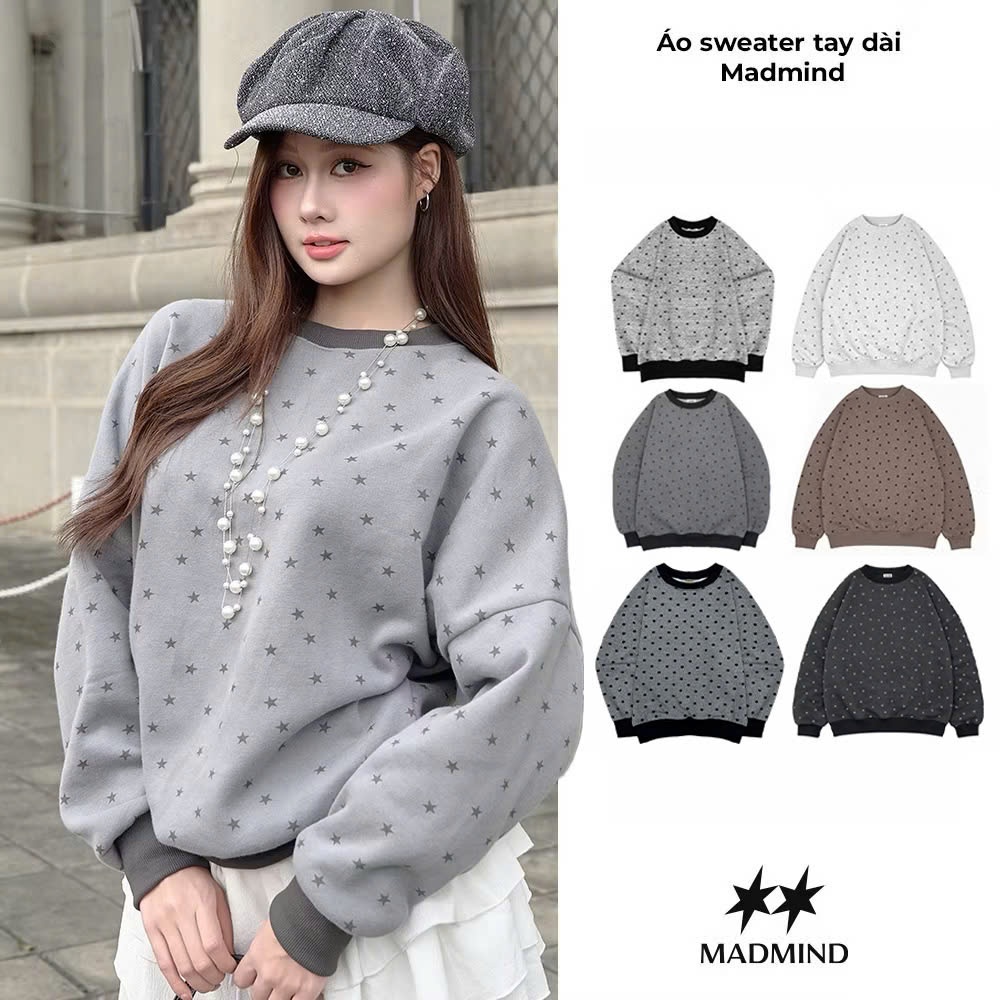MADMIND Áo Nỉ Sweater Unisex Tay Dài In Ngôi Sao Mặc D8 - Xám, Xám Trắng , Xám Chì , Nâu, Chấm Bi | BigBuy360 - bigbuy360.vn