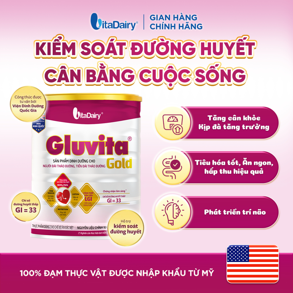 Sữa bột Gluvita Gold dành cho người tiểu đường - Giúp kiểm soát đường huyết - Lon 900g