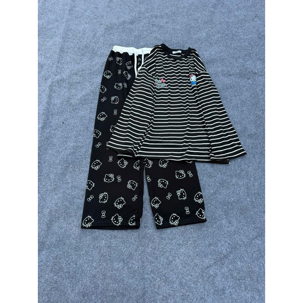 Sét Áo Thun Kẻ Sọc Vằn In Kitty 2 Logo Mix Quần Dài Cạp Trắng In Mèo Hello Basic Xinh Xắn Dễ Thương