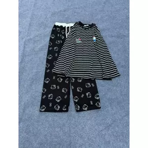 Sét Áo Thun Kẻ Sọc Vằn In Kitty 2 Logo Mix Quần Dài Cạp Trắng In Mèo Hello Basic Xinh Xắn Dễ Thương