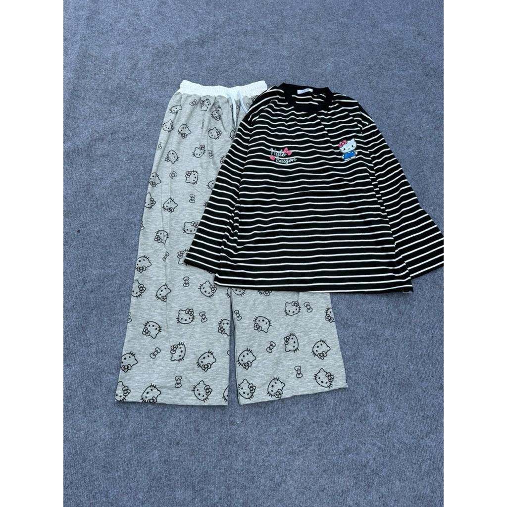 Sét Áo Thun Kẻ Sọc Vằn In Kitty 2 Logo Mix Quần Dài Cạp Trắng In Mèo Hello Basic Xinh Xắn Dễ Thương