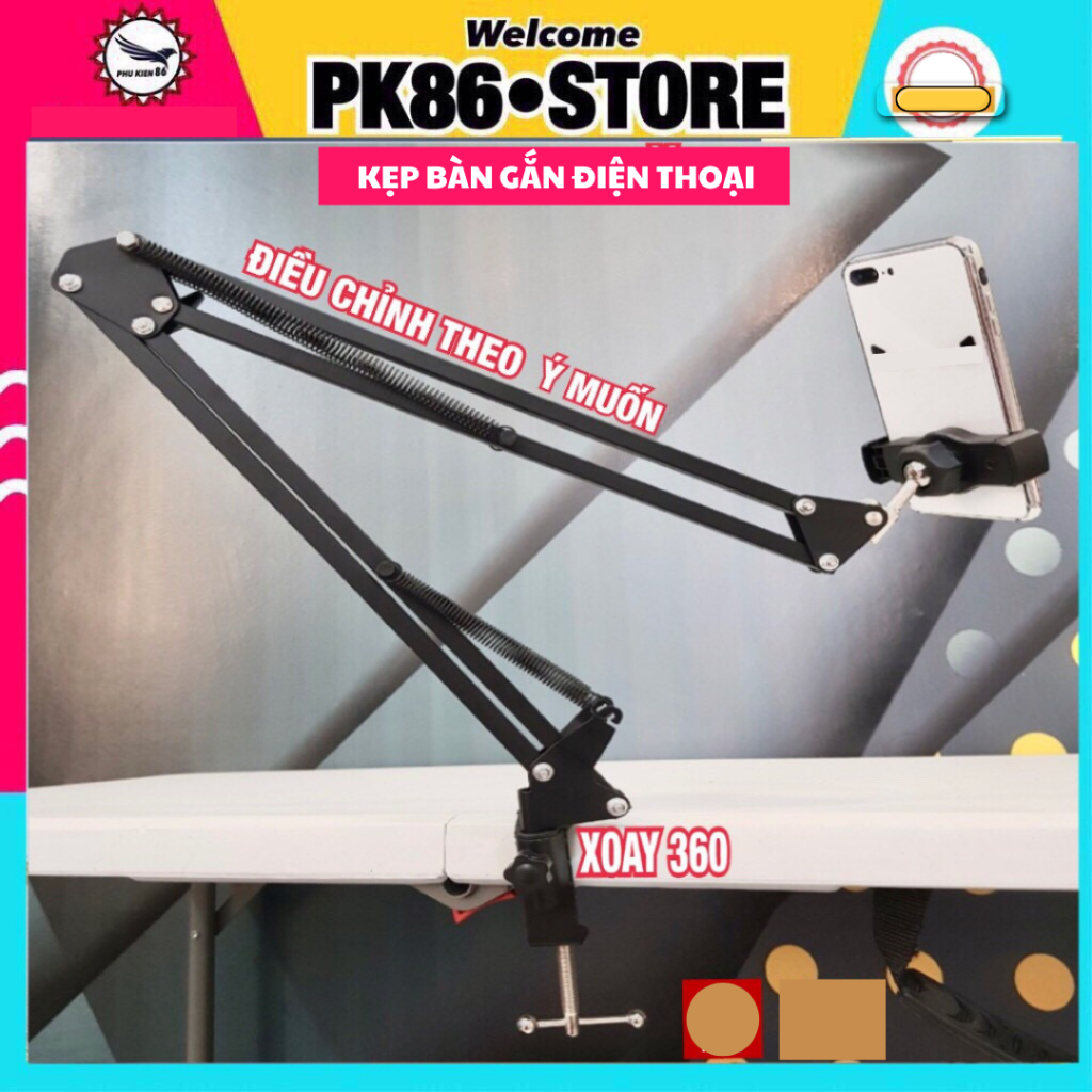 Kẹp điện thoại, giá đỡ ipad livestream chụp ảnh quay video càng cua kim loại gắng bàn, đầu gường NB 35