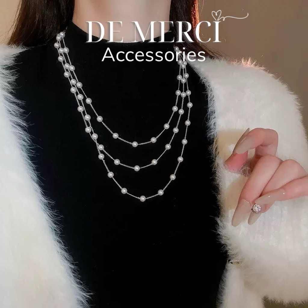 Vòng cổ ngọc trai nhiều lớp De Merci Accessories dây chuyền áo len thanh lịch thời trang Pháp có cổ nhẹ sang trọng DC052