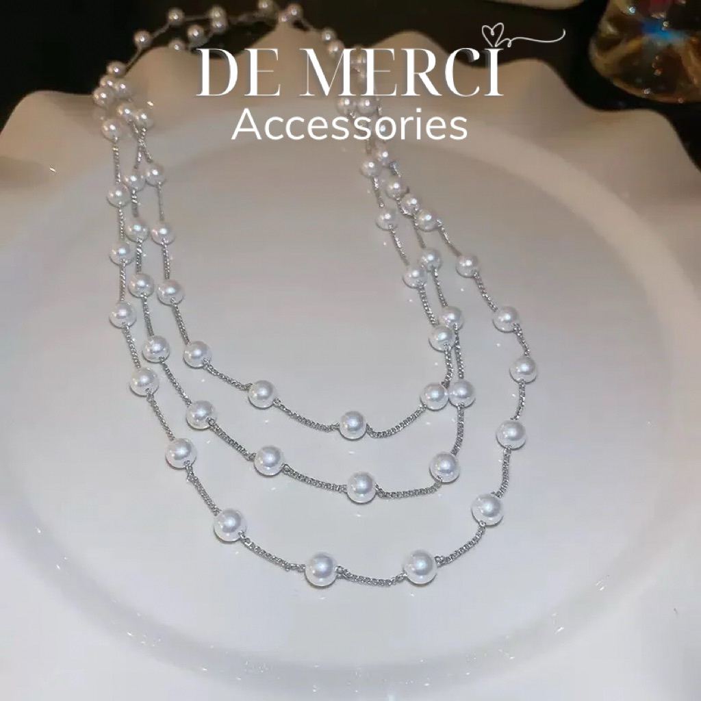 Vòng cổ ngọc trai nhiều lớp De Merci Accessories dây chuyền áo len thanh lịch thời trang Pháp có cổ nhẹ sang trọng DC052