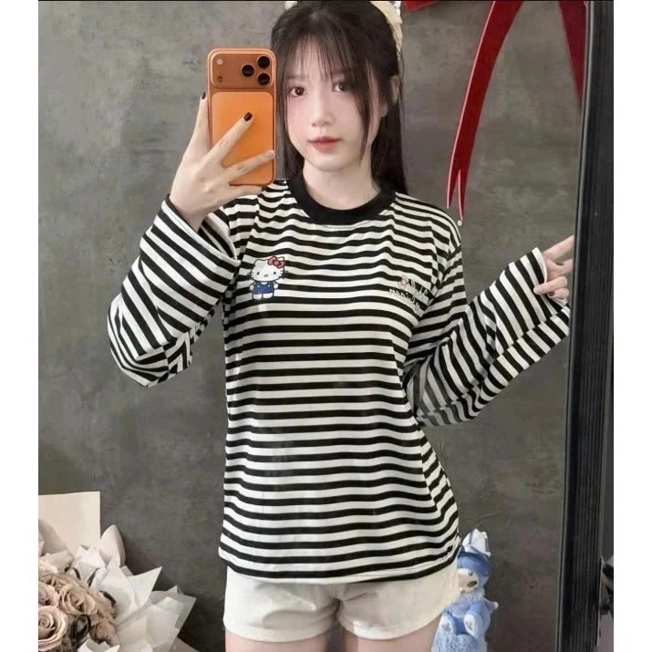 Sét Áo Thun Kẻ Sọc Vằn In Kitty 2 Logo Mix Quần Dài Cạp Trắng In Mèo Hello Basic Xinh Xắn Dễ Thương