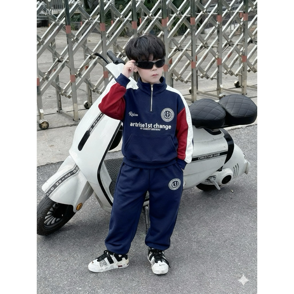Bộ nỉ LÓT LÔNG trẻ em set đồ quần áo mùa đông dầy ấm bé trai 15-40kg bộ sọc đỏ