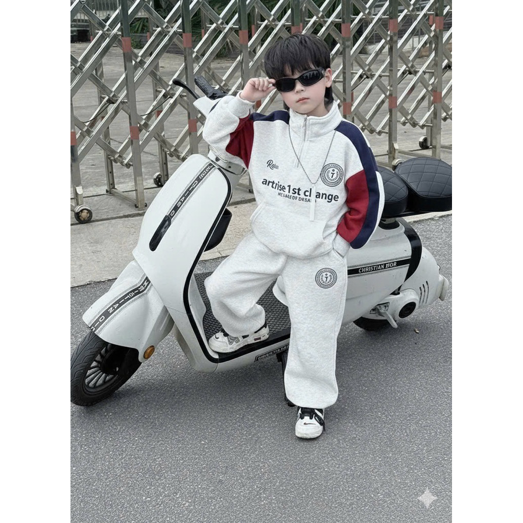 Bộ nỉ LÓT LÔNG trẻ em set đồ quần áo mùa đông dầy ấm bé trai 15-40kg bộ sọc đỏ