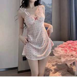 Váy Ngủ Hai Dây Satin Tim Nhỏ Phối Ren Cổ – Dáng Suông Nữ Tính