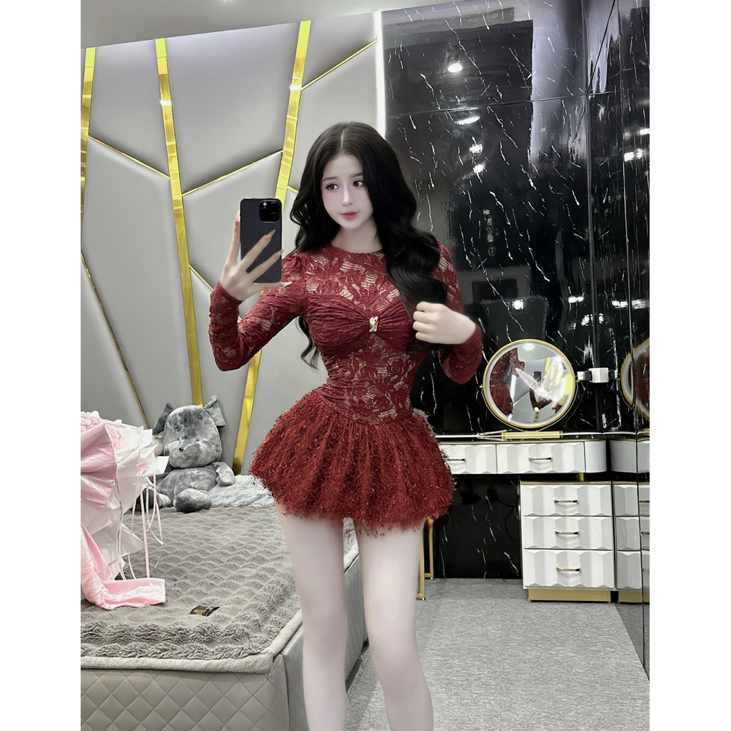 Váy thiết kế - Váy body ren phối lông sang chảnh ,điệu đà ; hình thật ( LA02)