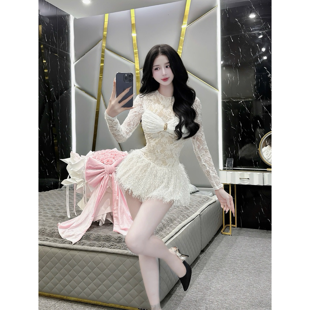 Váy thiết kế - Váy body ren phối lông sang chảnh ,điệu đà ; hình thật ( LA02)