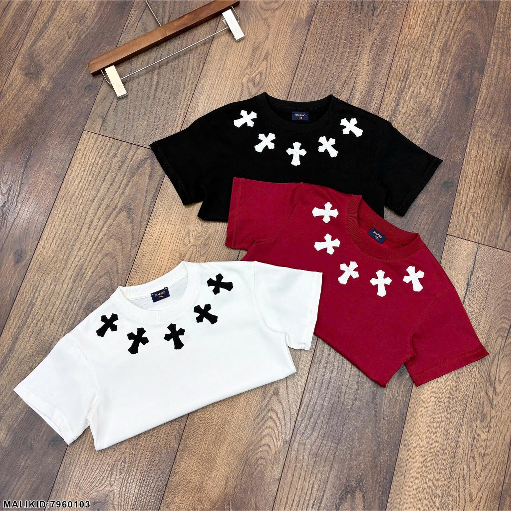 Áo Phông Bé Trai Thêu Logo Viền Cổ Chất Cotton Cao Cấp - Áo Thun Bé Trai Chôm Hớt 3 Màu Siêu Đẹp