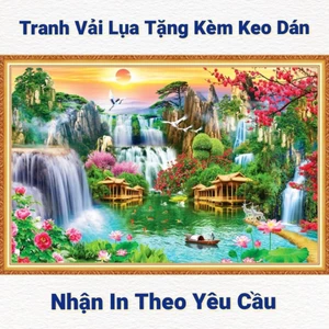 Tranh 3D dán tường sơn thủy hữu tình, tranh phong cảnh thác nước tranh in trên chất liệu vải lụa (shop tặng kèm keo dán)