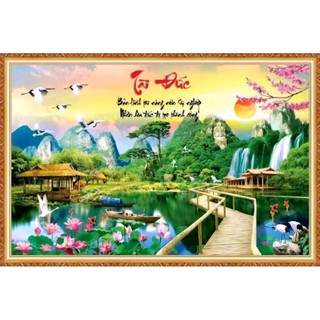 Tranh 3D dán tường sơn thủy hữu tình, tranh phong cảnh thác nước tranh in trên chất liệu vải lụa (shop tặng kèm keo dán)
