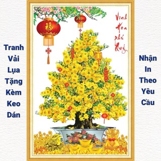 Tranh hoa mai hoa đào dán tường in trên chất liệu vải lụa (shop tặng kèm keo dán)