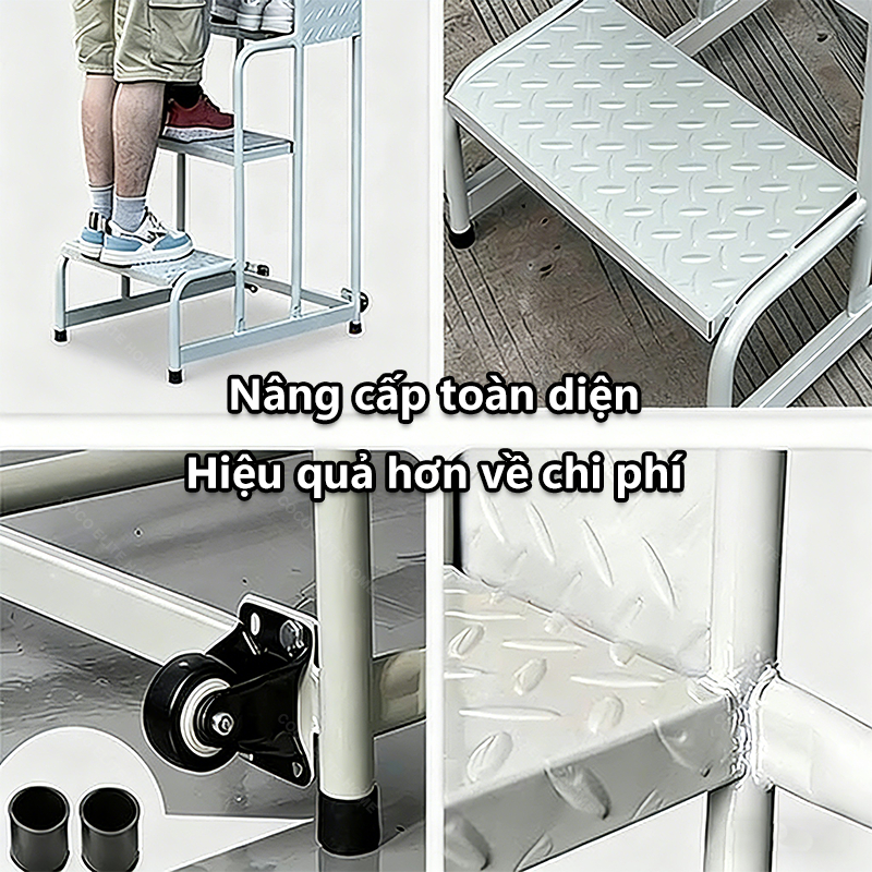 Thang Đẩy Inox Đa Năng 3-5 Bậc - Cho Siêu Thị, Quản Lý Kho Có Bánh Xe Di Chuyển & Thanh Chắn An Toàn