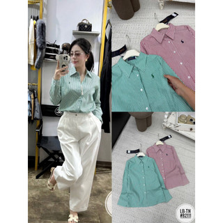 Áo sơ mi thô kẻ sọc cổ đức thêu hình polo #82111