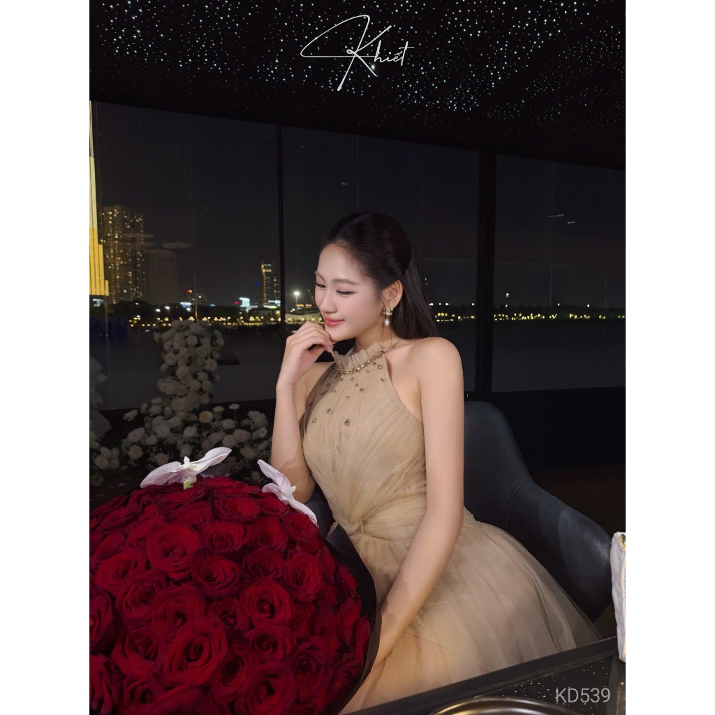Đầm xòe cổ yếm Khiết phối lưới đính đá cao cấp, phong cách tiệc tùng sang trọng KD539 & KD539A