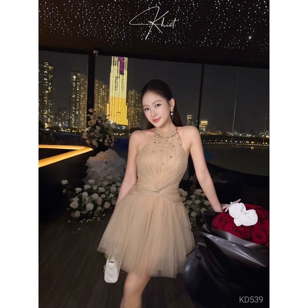 Đầm xòe cổ yếm Khiết phối lưới đính đá cao cấp, phong cách tiệc tùng sang trọng KD539 & KD539A