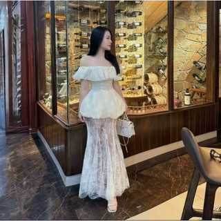 Set Đầm Áo Bí Nhún Bèo Trễ Vai Xòe Mix Chân Váy Ren Đuôi Cá Thiết Kế Sang Trọng Phù Hợp Đi Chơi Dự Tiệc Ld_Store Fashion