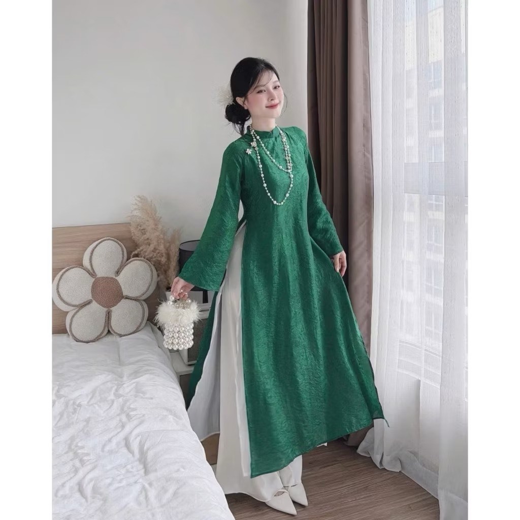 Áo dài Tường Xuân tơ tằm kèm quần lụa, áo dài cổ đính đá 1 lớp LABEL AD37