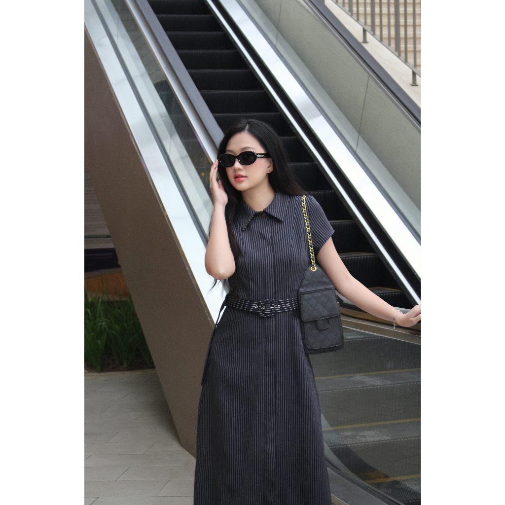 LABAVISTA Đầm sọc cổ sơ mi kèm belt vải dáng thanh lịch trang nhã thoải mái di chuyển