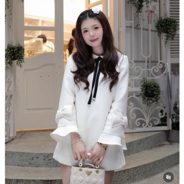 Váy dạ tweed tiểu thư dáng babydoll cổ sen tay xoè mix nơ cách điệu ,Đầm thiết kế dáng ngắn kèm nơ nhung style nhẹ nhàng