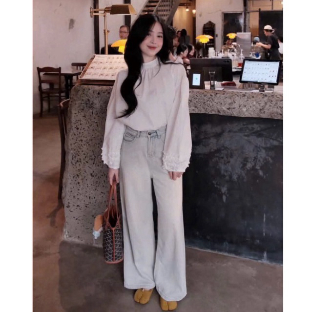 Áo sơmi trắng tay bồng thiết kế xếp bèo tầng MIU.STUDIO , Áo nữ thiết kế from suông cổ trụ style HQ đơn giản dễ phối đồ