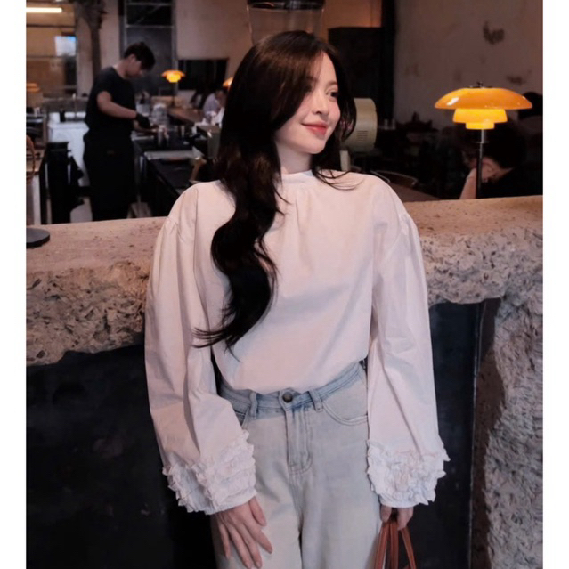 Áo sơmi trắng tay bồng thiết kế xếp bèo tầng MIU.STUDIO , Áo nữ thiết kế from suông cổ trụ style HQ đơn giản dễ phối đồ