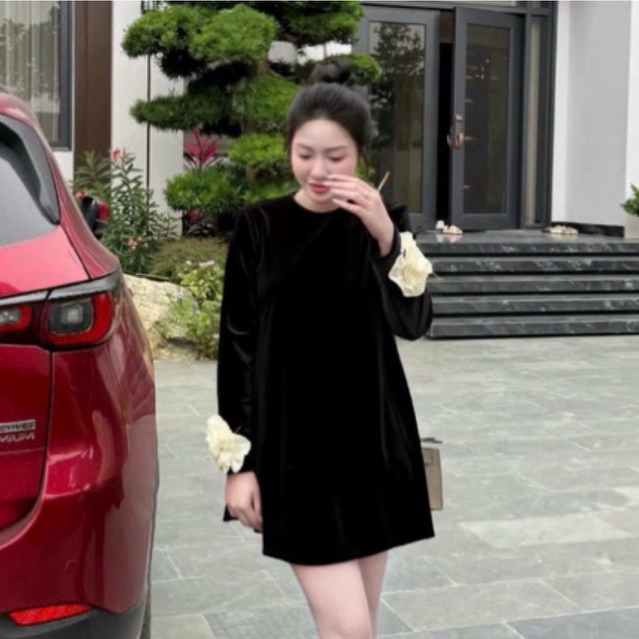 “Esme dress” Đầm nhung Tk dáng suông ngắn phối hoa tay nổi cao cấp ,Váy babydoll cổ tròn đơn giản dễ mặc bầu bí bon chen