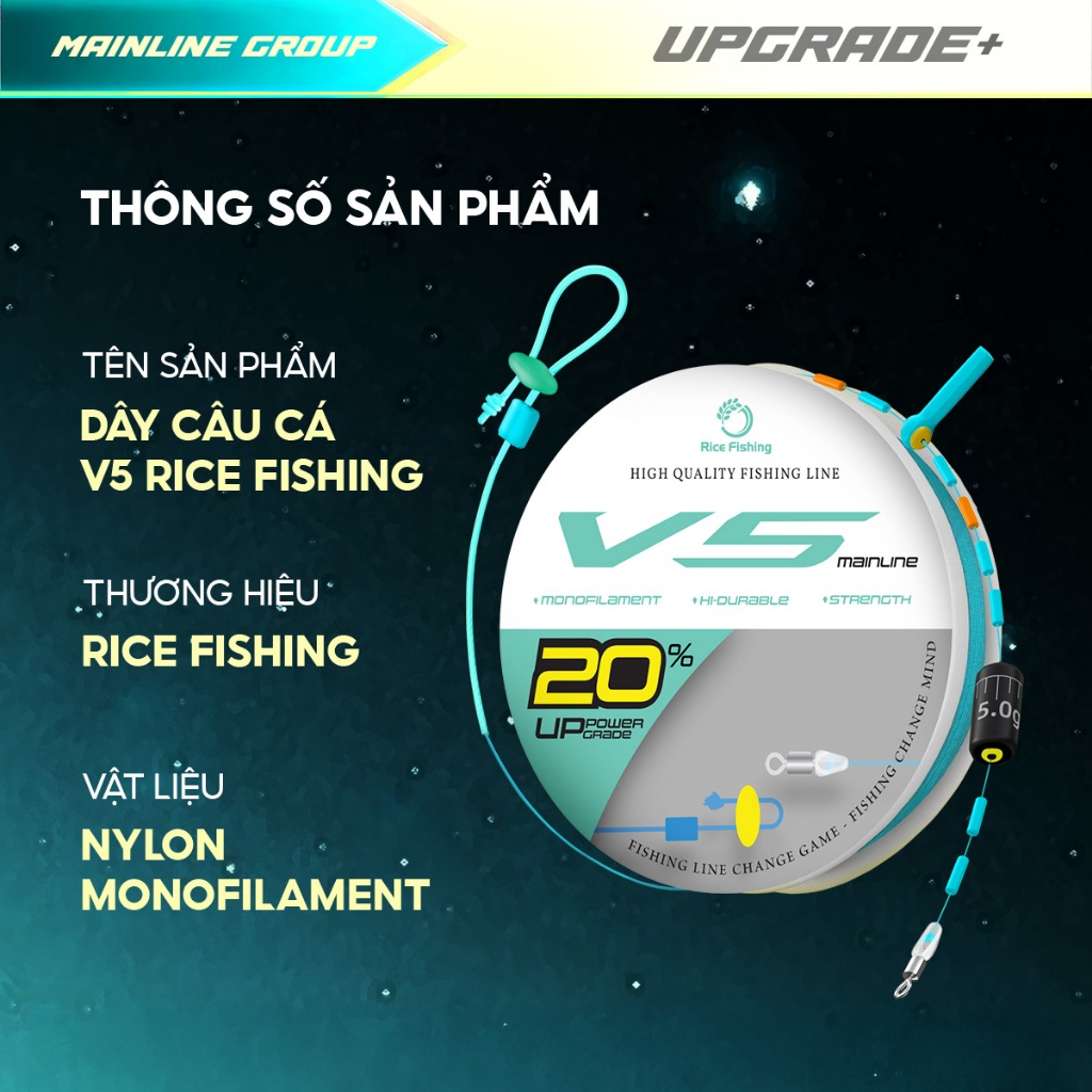 Dây trục câu đài V5 RICE FISHING nâng cấp tăng sức tải 20% chất liệu nylon lụa Nhật siêu mềm DC-30